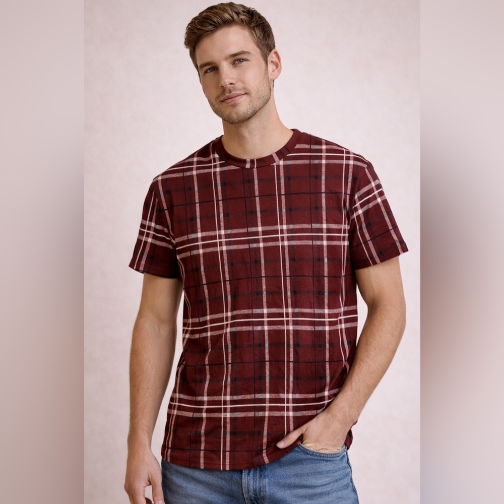 Pull&Bear Burgundy Plaid Short Sleeve Tee
